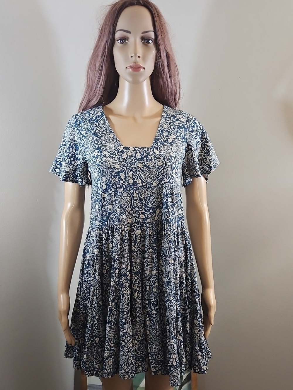 Patrons of Peace Dress Blue Paisley Square Neck Flutter Short Sleeves